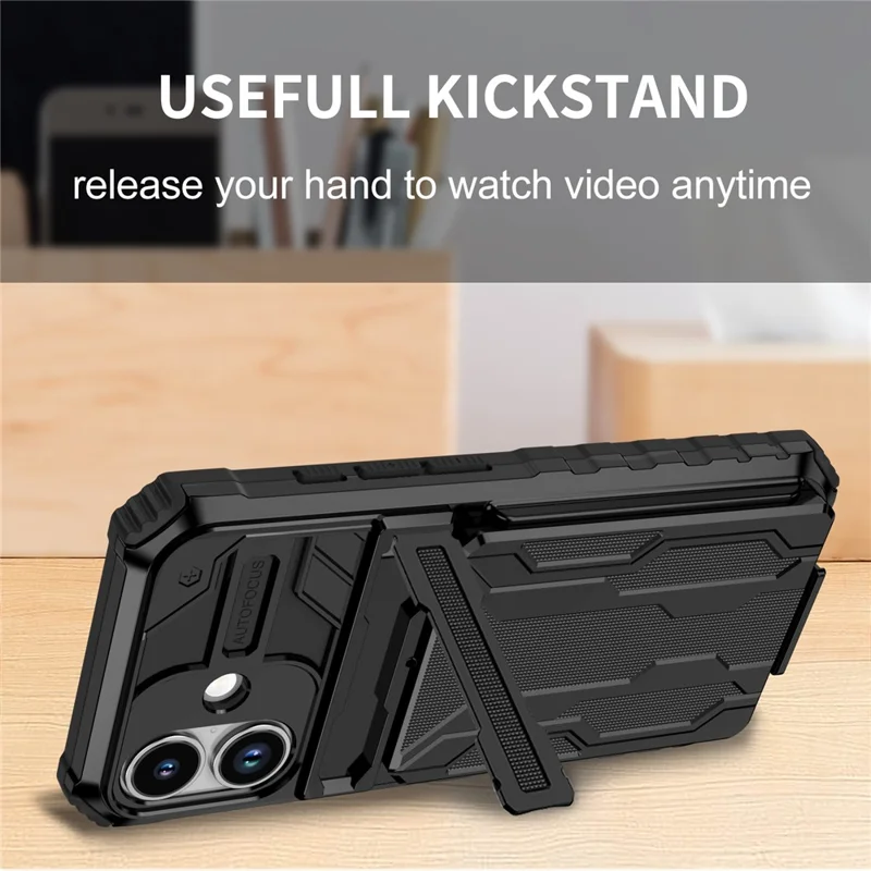 For iPhone 17 Case with Card Holder PC + TPU Phone Back Cover Kickstand - Black
