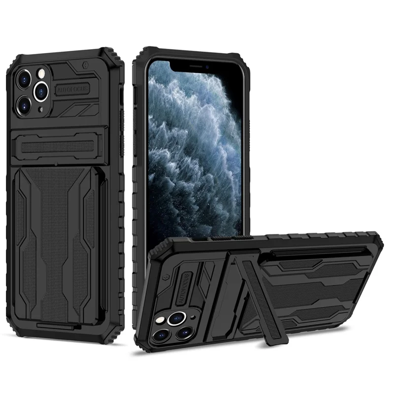 Für iPhone 11 Pro Max Hülle mit Kartenfach PC + TPU Handyrückseite mit Ständer - Schwarz