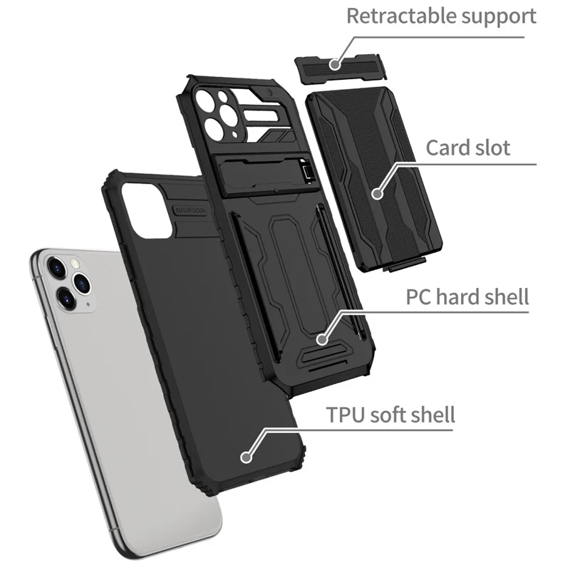 Für iPhone 11 Pro Max Hülle mit Kartenfach PC + TPU Handyrückseite mit Ständer - Schwarz