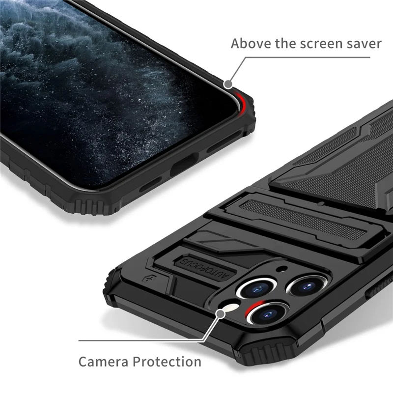 Für iPhone 11 Pro Max Hülle mit Kartenfach PC + TPU Handyrückseite mit Ständer - Schwarz