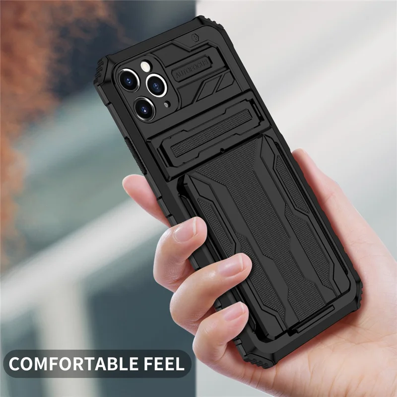 Für iPhone 11 Pro Max Hülle mit Kartenfach PC + TPU Handyrückseite mit Ständer - Schwarz