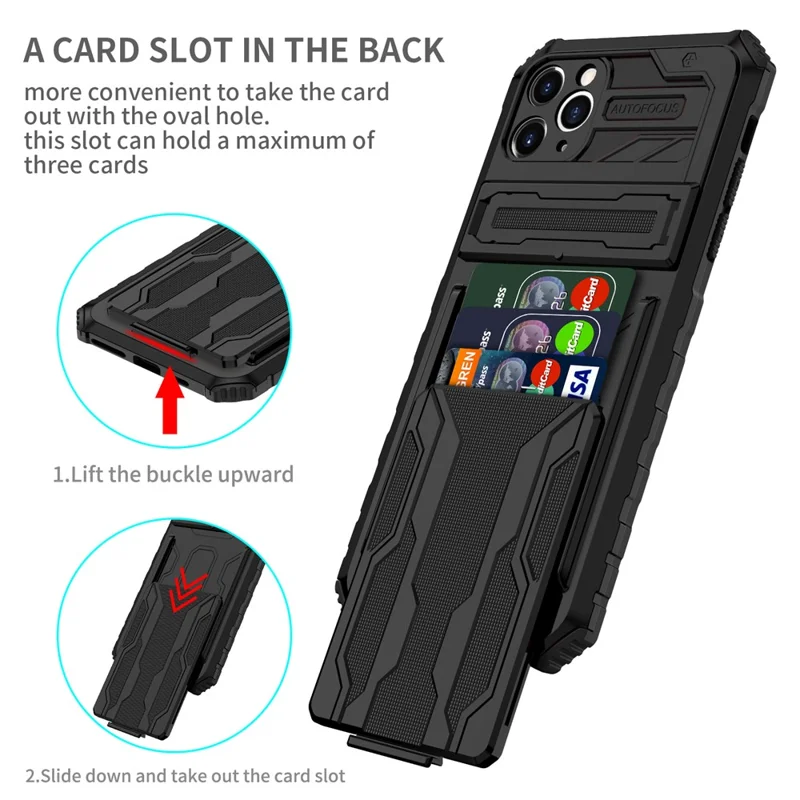 Für iPhone 11 Pro Max Hülle mit Kartenfach PC + TPU Handyrückseite mit Ständer - Schwarz