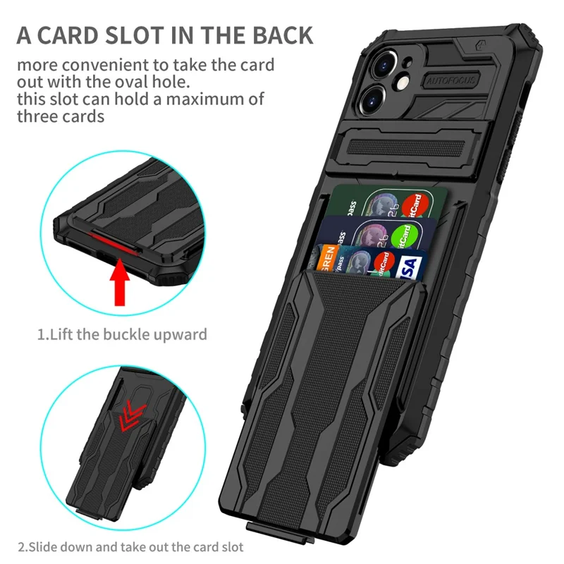 For iPhone 11 Case with Card Holder PC + TPU Phone Back Cover Kickstand - Black