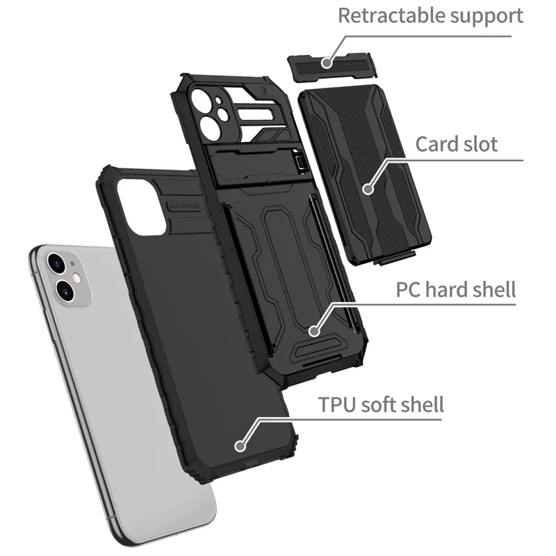For iPhone 11 Case with Card Holder PC + TPU Phone Back Cover Kickstand - Black