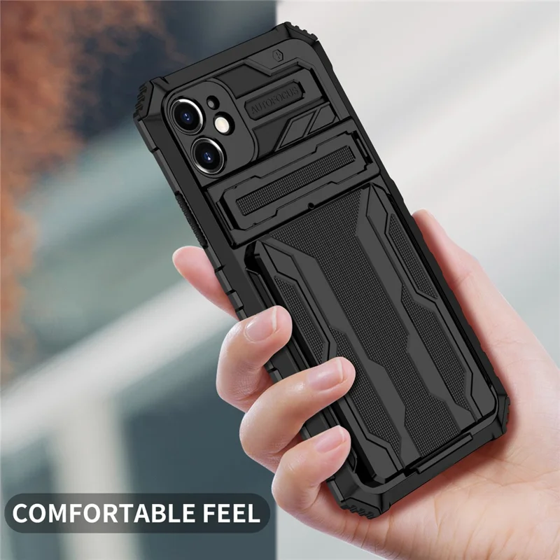 For iPhone 11 Case with Card Holder PC + TPU Phone Back Cover Kickstand - Black