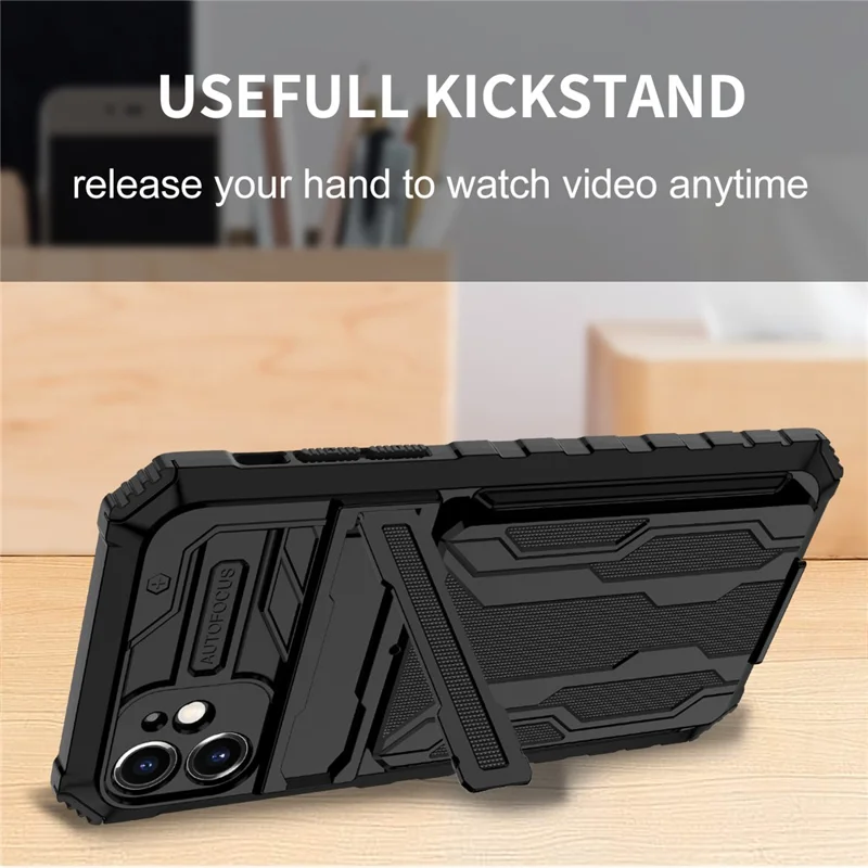 For iPhone 11 Case with Card Holder PC + TPU Phone Back Cover Kickstand - Black