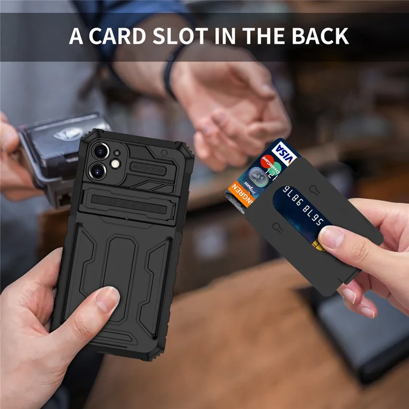 For iPhone 11 Case with Card Holder PC + TPU Phone Back Cover Kickstand - Black