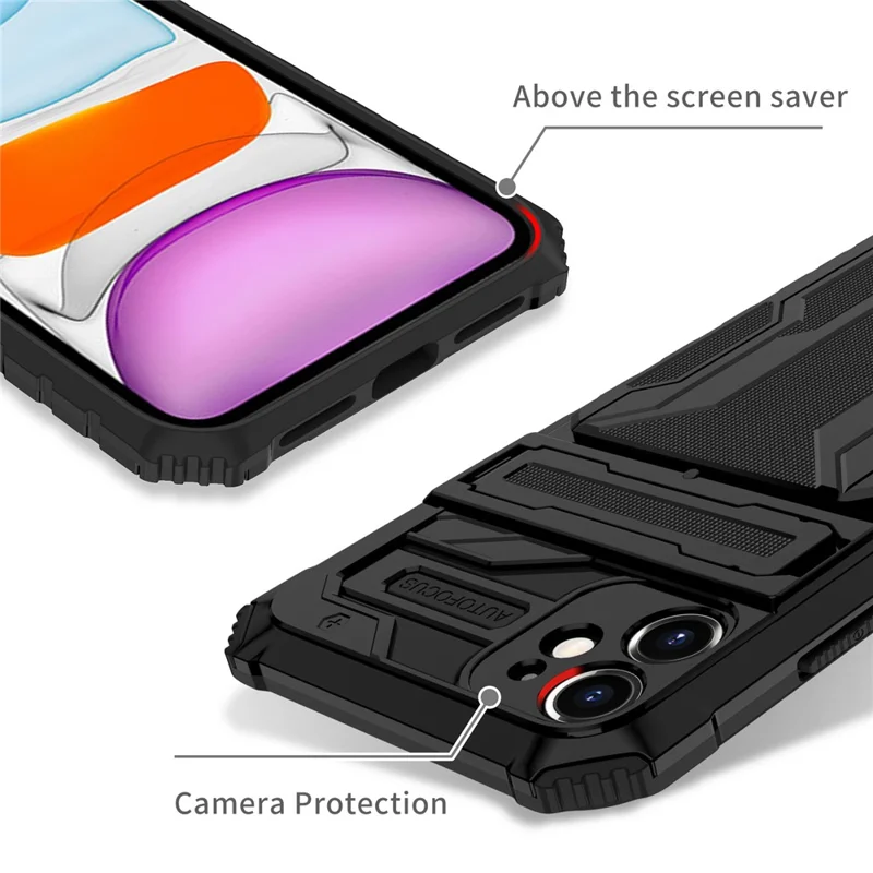 For iPhone 11 Case with Card Holder PC + TPU Phone Back Cover Kickstand - Black
