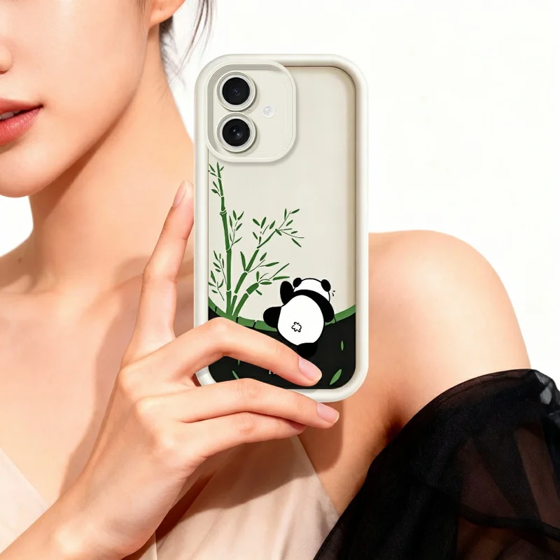 For iPhone 17 Case Cartoon Panda Bamboo Pattern TPU Anti-Slip Protective Phone Cover - White