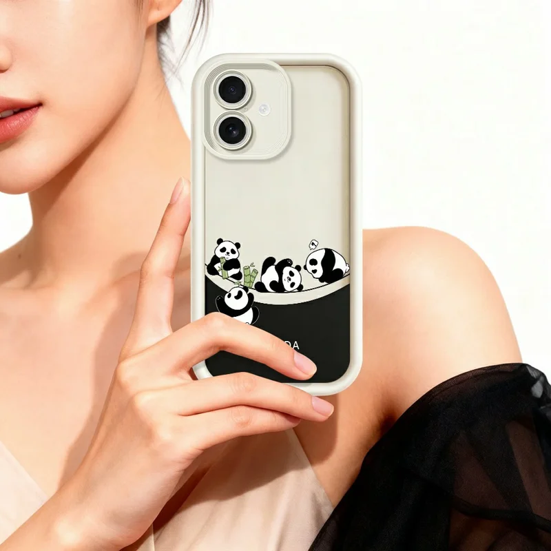 For iPhone 17 Case Four Cartoon Pandas Pattern Soft TPU Protective Phone Cover - White