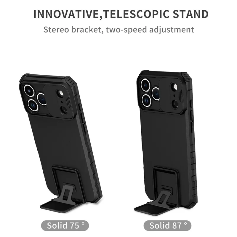 For iPhone 17 Pro Max Case Camera Slider PC + TPU Phone Cover with Kickstand - Black