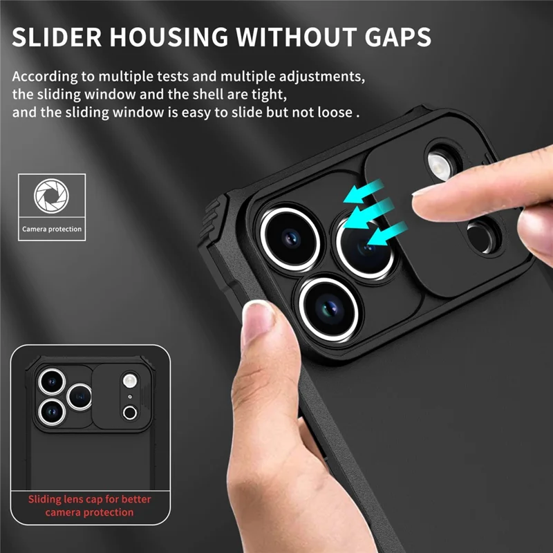 For iPhone 17 Pro Max Case Camera Slider PC + TPU Phone Cover with Kickstand - Black