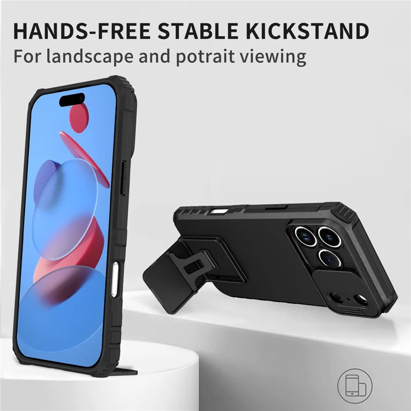 For iPhone 17 Pro Max Case Camera Slider PC + TPU Phone Cover with Kickstand - Black