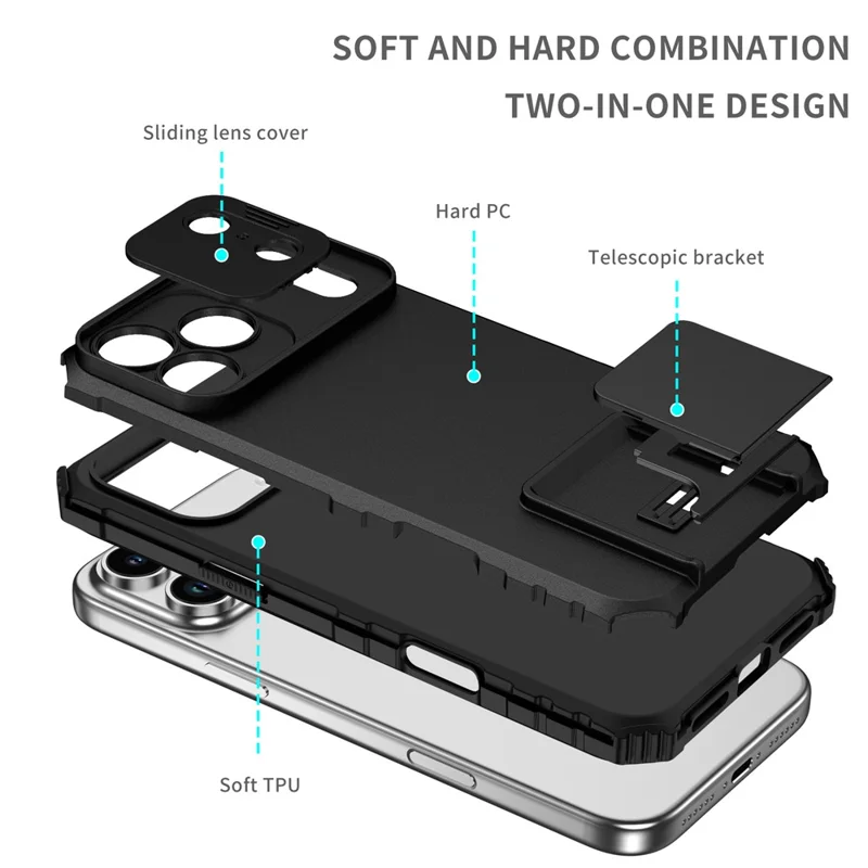 For iPhone 17 Pro Max Case Camera Slider PC + TPU Phone Cover with Kickstand - Black