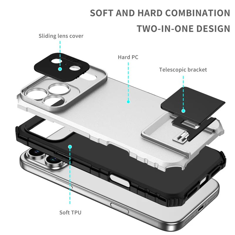 Capa para iPhone 17 Pro com Câmara Deslizante PC + TPU com Suporte - Branco