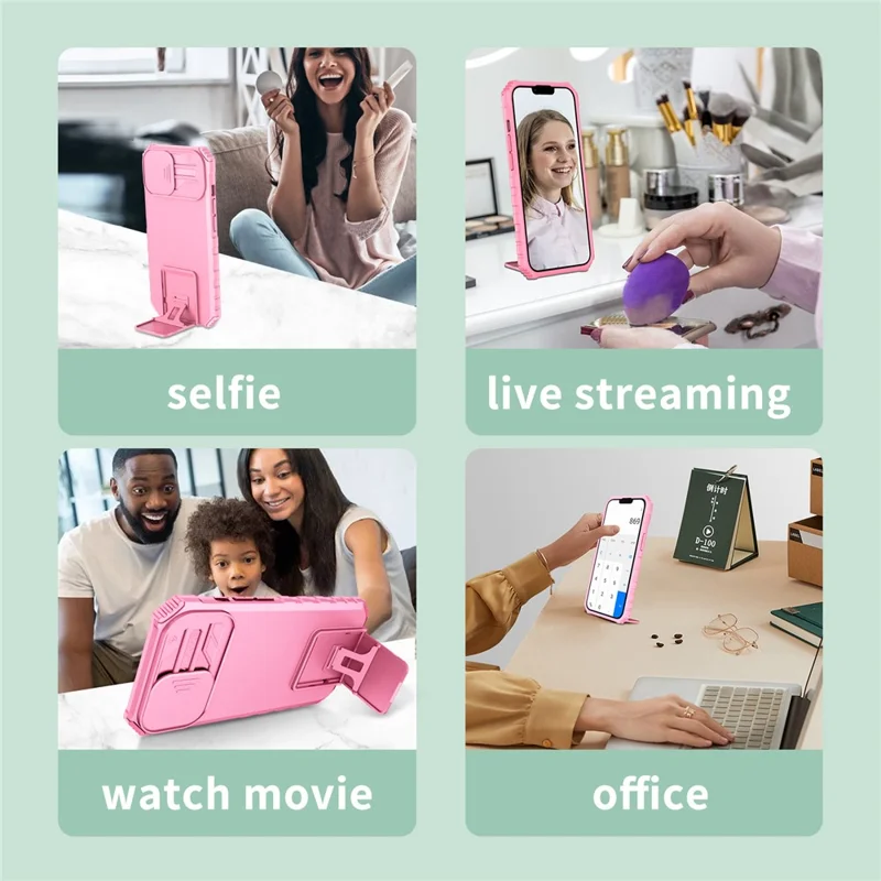 For iPhone 11 Case Camera Slider PC + TPU Phone Cover with Kickstand - Pink