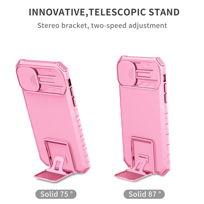For iPhone 11 Case Camera Slider PC + TPU Phone Cover with Kickstand - Pink