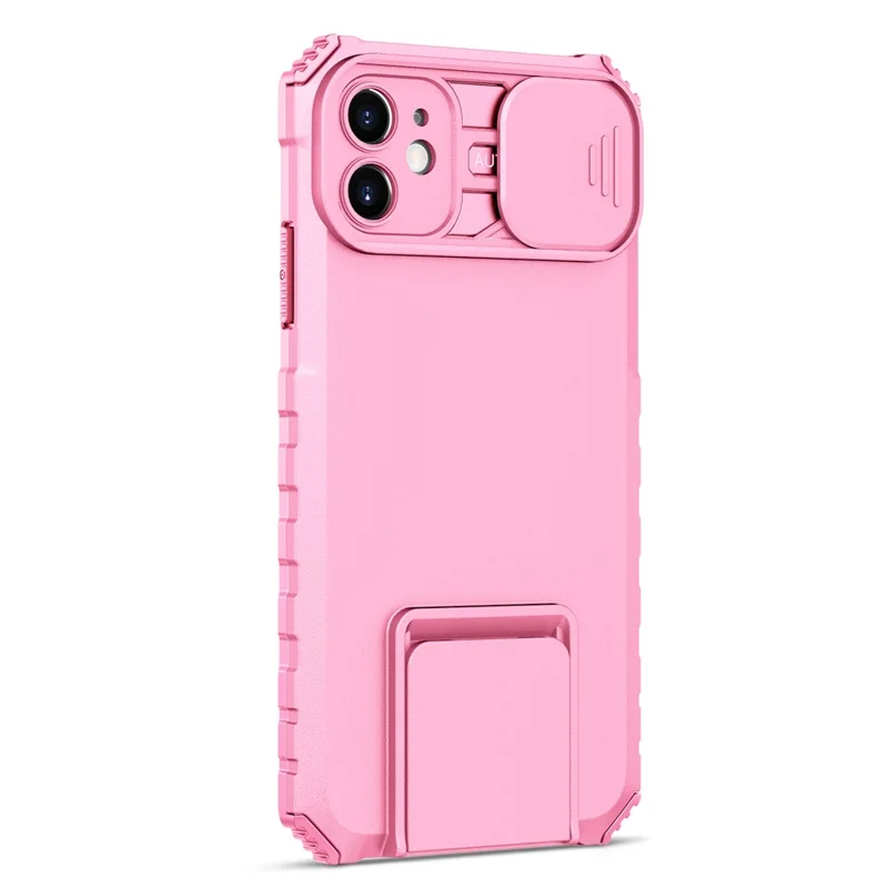 For iPhone 11 Case Camera Slider PC + TPU Phone Cover with Kickstand - Pink