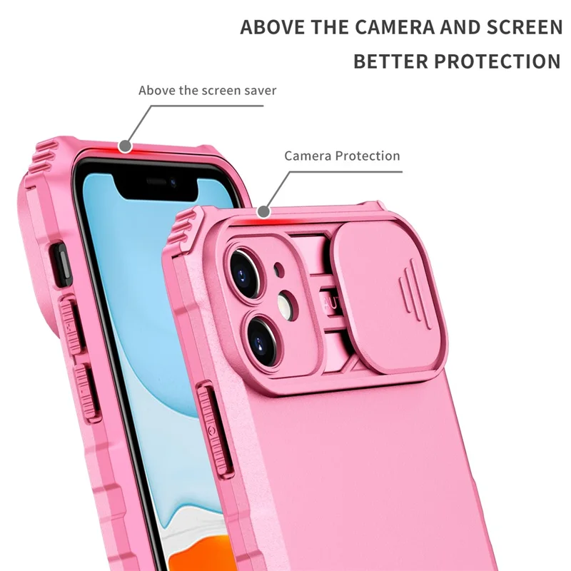For iPhone 11 Case Camera Slider PC + TPU Phone Cover with Kickstand - Pink