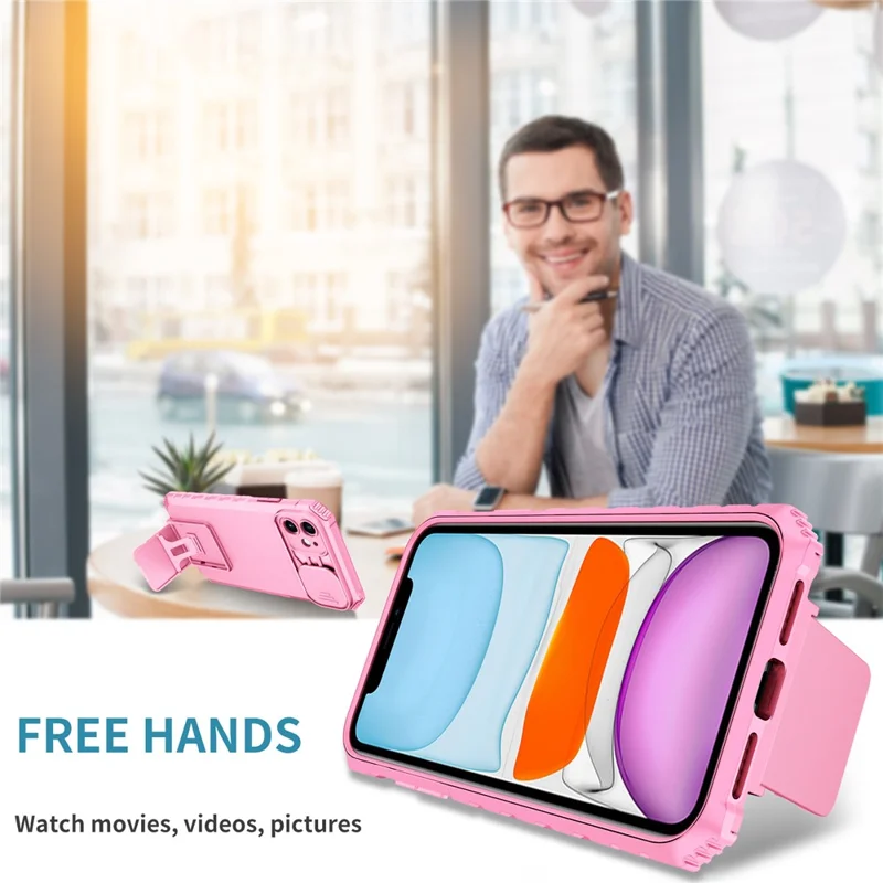 For iPhone 11 Case Camera Slider PC + TPU Phone Cover with Kickstand - Pink