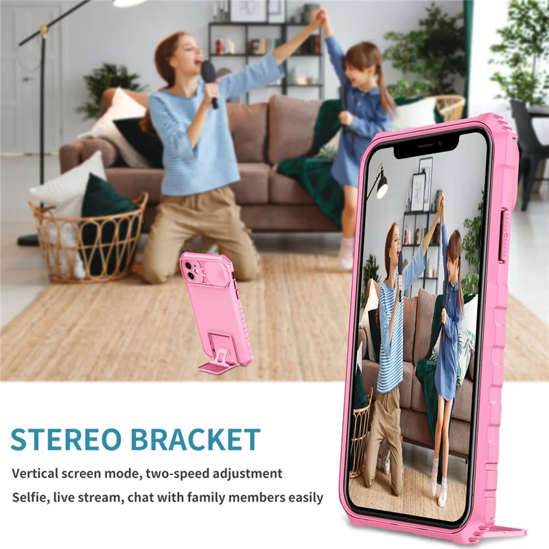 For iPhone 11 Case Camera Slider PC + TPU Phone Cover with Kickstand - Pink