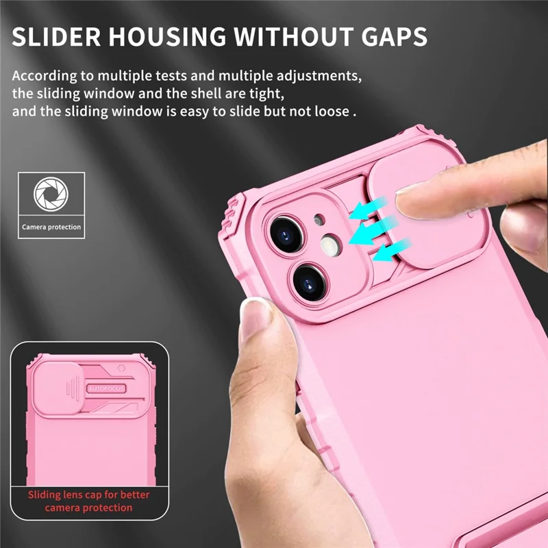 For iPhone 11 Case Camera Slider PC + TPU Phone Cover with Kickstand - Pink