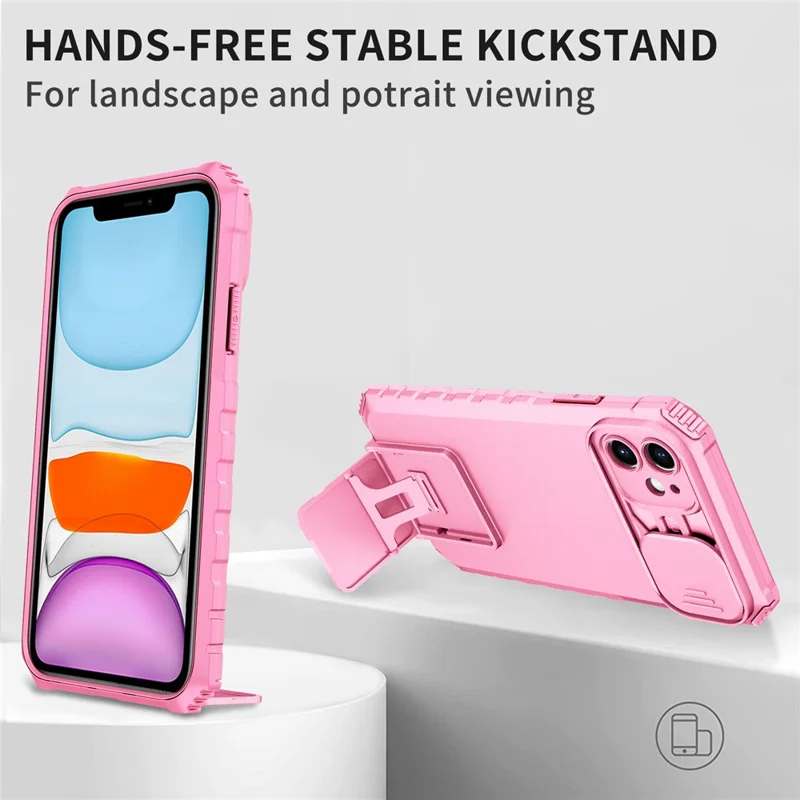 For iPhone 11 Case Camera Slider PC + TPU Phone Cover with Kickstand - Pink