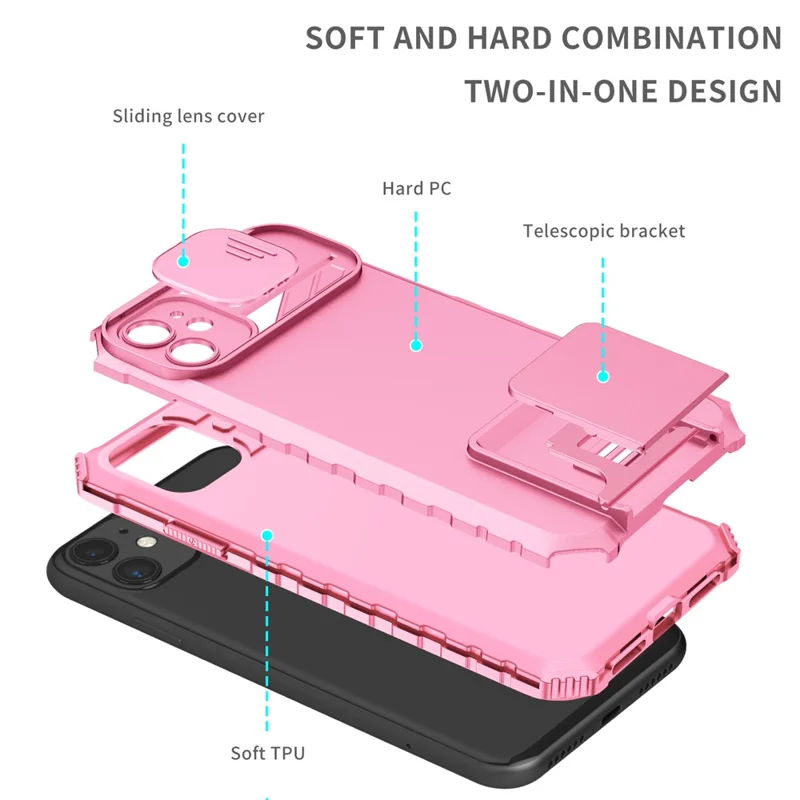For iPhone 11 Case Camera Slider PC + TPU Phone Cover with Kickstand - Pink