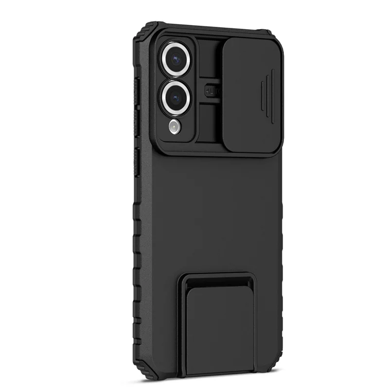 For Samsung Galaxy S25 Edge Case Camera Slider PC + TPU Phone Cover with Kickstand - Black