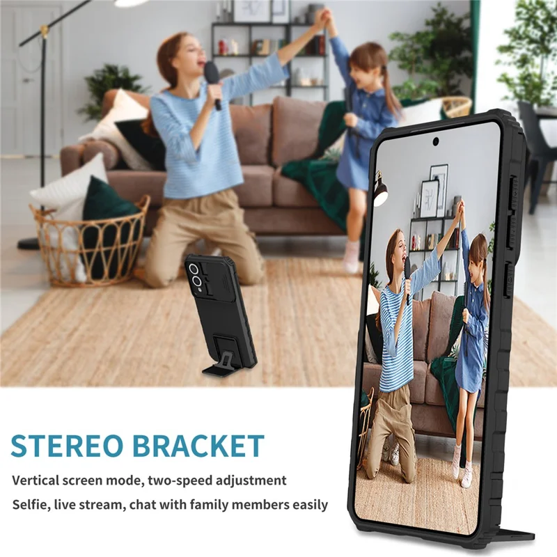 For Samsung Galaxy S25 Edge Case Camera Slider PC + TPU Phone Cover with Kickstand - Black