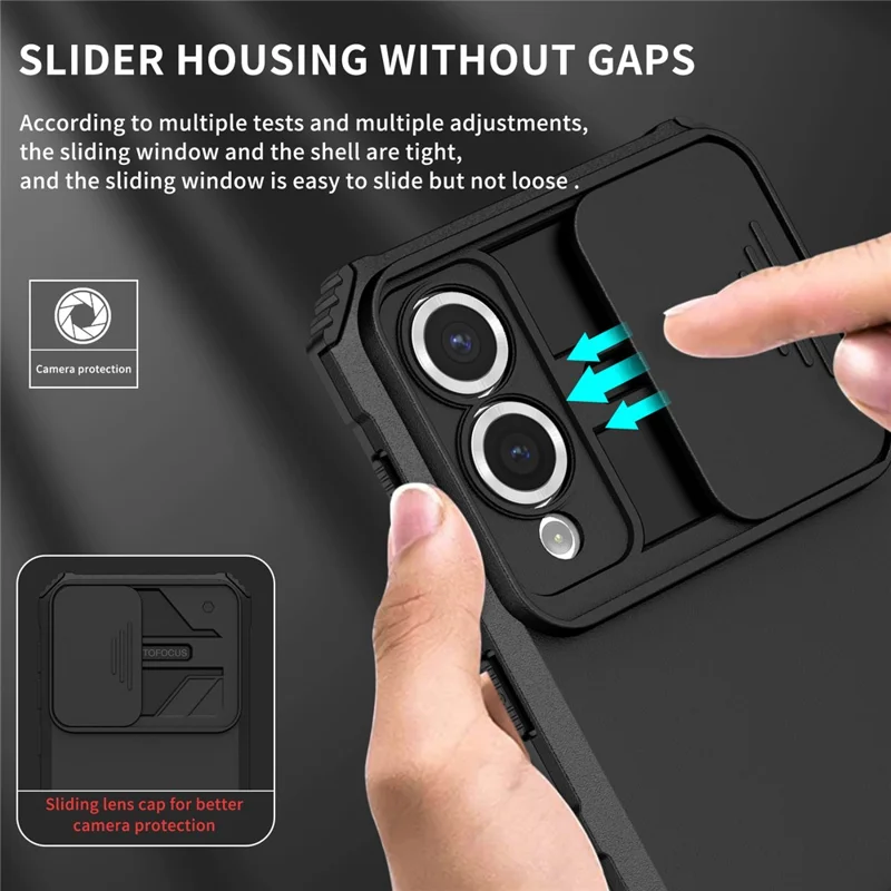 For Samsung Galaxy S25 Edge Case Camera Slider PC + TPU Phone Cover with Kickstand - Black