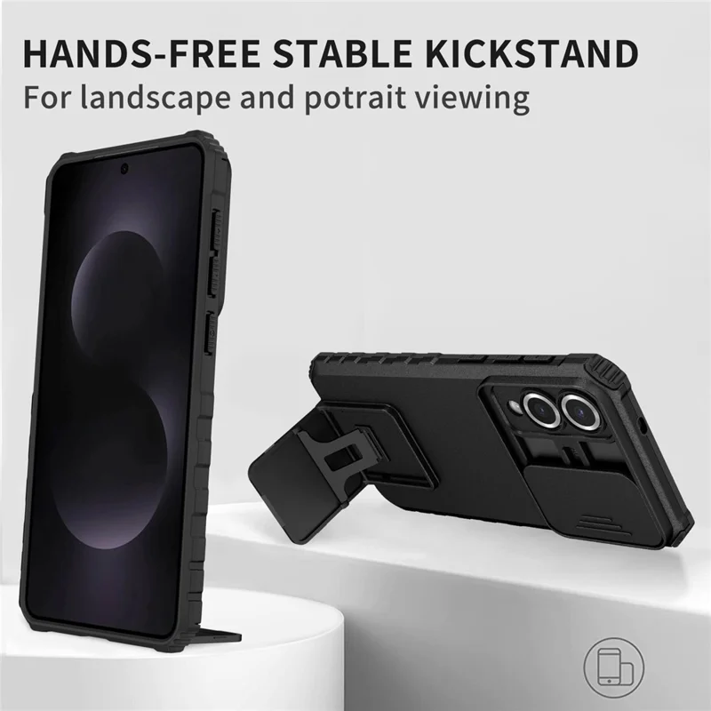 For Samsung Galaxy S25 Edge Case Camera Slider PC + TPU Phone Cover with Kickstand - Black