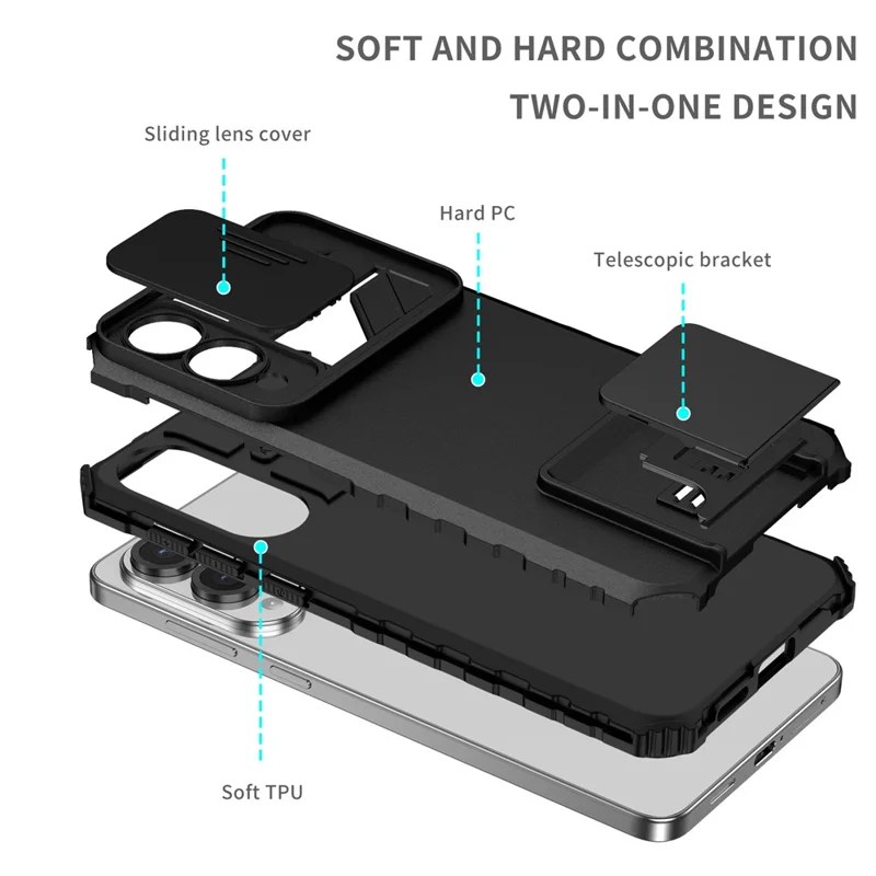 For Samsung Galaxy S25 Edge Case Camera Slider PC + TPU Phone Cover with Kickstand - Black