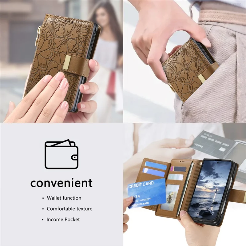 Voor iPhone Fold Case met bloemen- en bladpatroon, meerdere kaartslots, rits, lederen telefoonhoes - Bruin