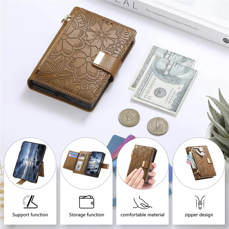 Voor iPhone Fold Case met bloemen- en bladpatroon, meerdere kaartslots, rits, lederen telefoonhoes - Bruin