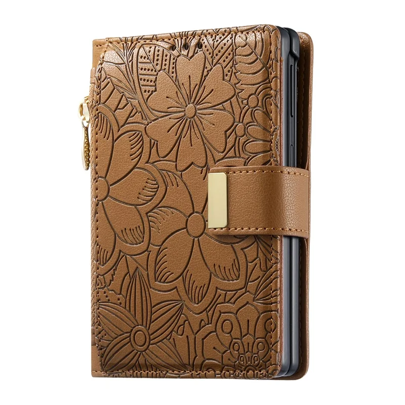 Voor iPhone Fold Case met bloemen- en bladpatroon, meerdere kaartslots, rits, lederen telefoonhoes - Bruin