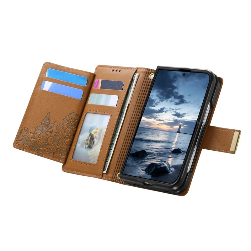 Voor iPhone Fold Case met bloemen- en bladpatroon, meerdere kaartslots, rits, lederen telefoonhoes - Bruin