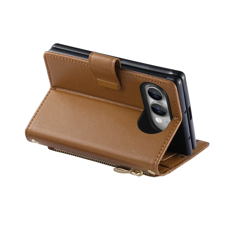 Voor iPhone Fold Case met bloemen- en bladpatroon, meerdere kaartslots, rits, lederen telefoonhoes - Bruin
