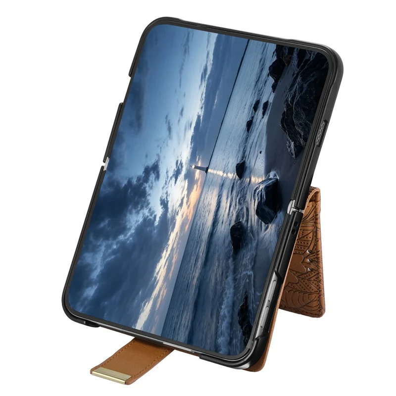 Voor iPhone Fold Case met bloemen- en bladpatroon, meerdere kaartslots, rits, lederen telefoonhoes - Bruin