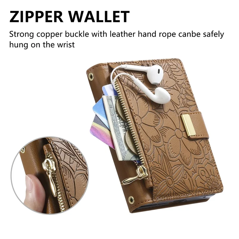 Voor iPhone Fold Case met bloemen- en bladpatroon, meerdere kaartslots, rits, lederen telefoonhoes - Bruin