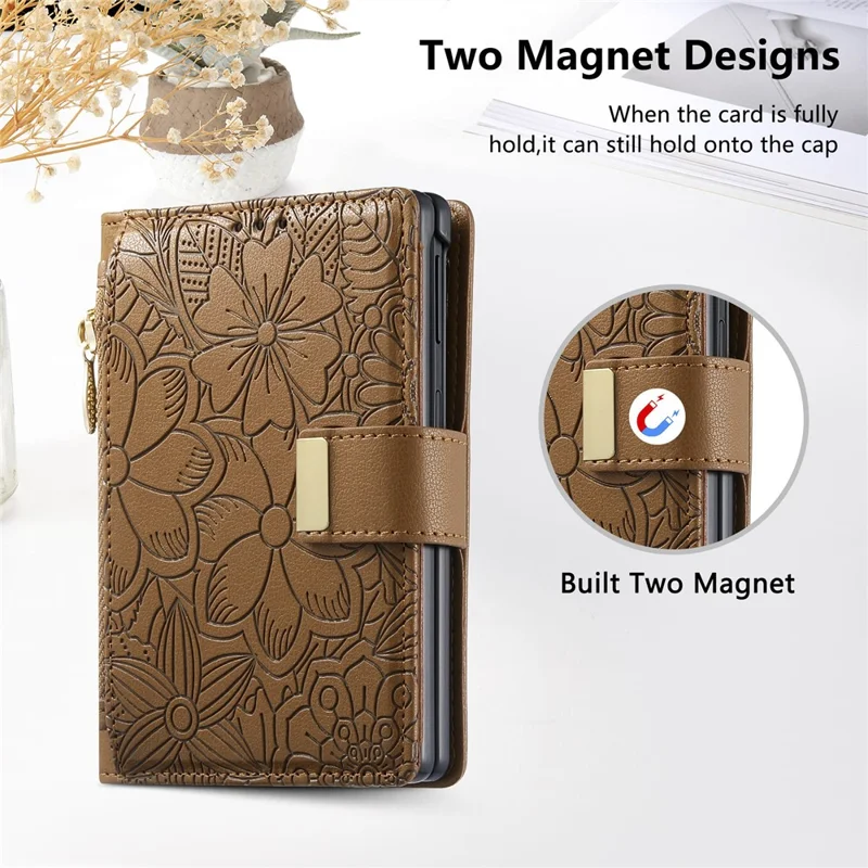 Voor iPhone Fold Case met bloemen- en bladpatroon, meerdere kaartslots, rits, lederen telefoonhoes - Bruin