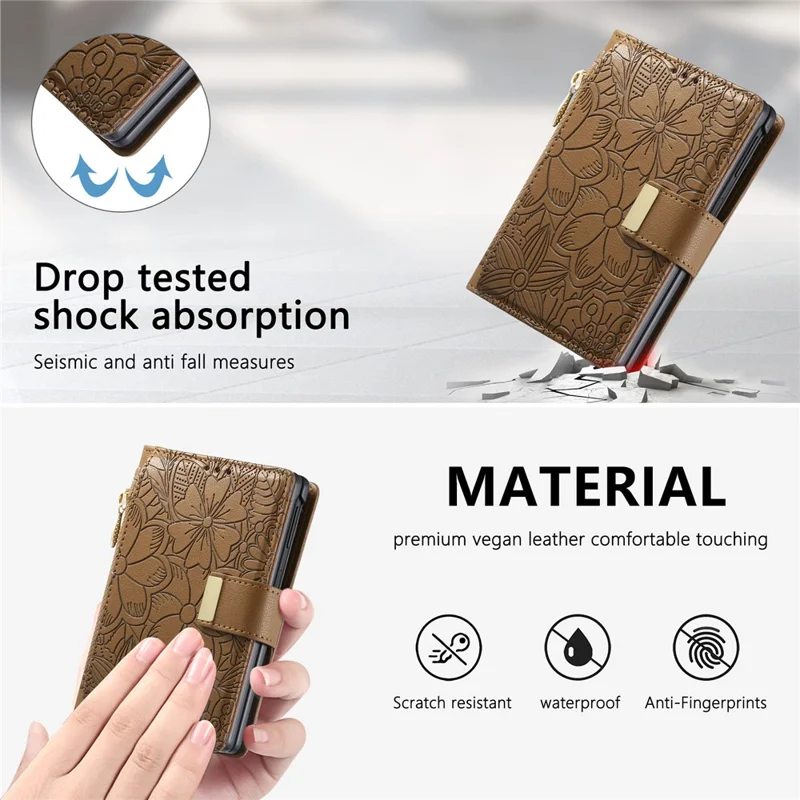 Voor iPhone Fold Case met bloemen- en bladpatroon, meerdere kaartslots, rits, lederen telefoonhoes - Bruin
