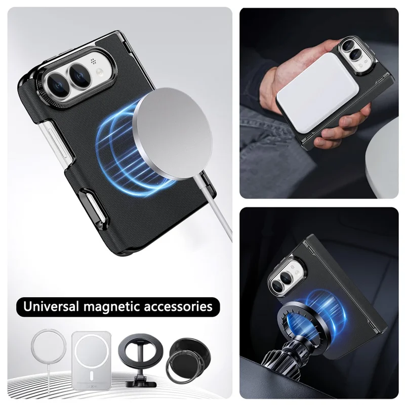 For iPhone Fold Magnetisk Case Dobbeltakset Fin Gitterstruktur Læder + PC Anti-aftryk Telefonbeskyttelse - Sort