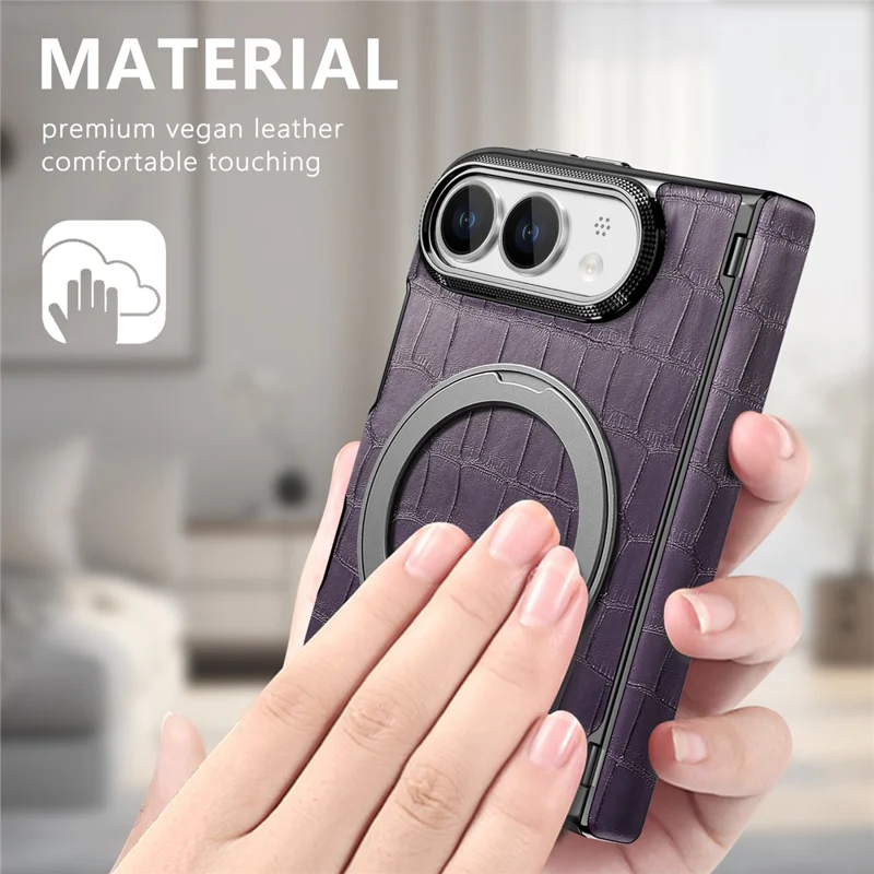 Coque pour iPhone Fold avec support magnétique, protection de charnière à double axe, revêtement en cuir texturé effet crocodile - Violet