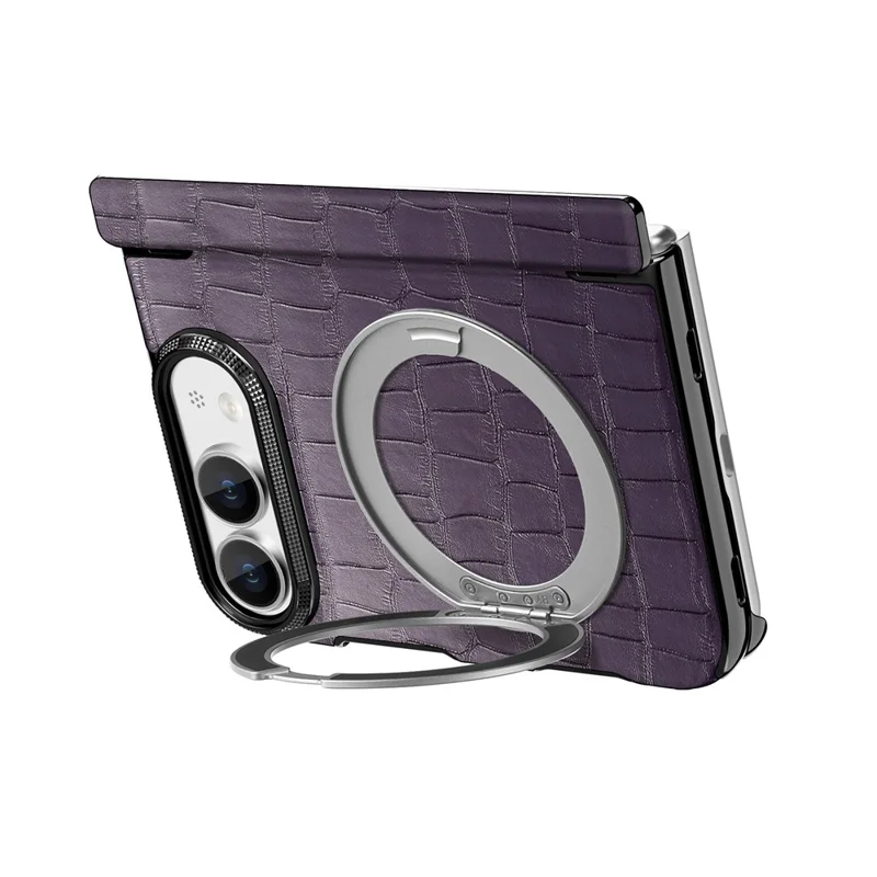 Coque pour iPhone Fold avec support magnétique, protection de charnière à double axe, revêtement en cuir texturé effet crocodile - Violet