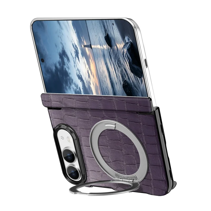 Coque pour iPhone Fold avec support magnétique, protection de charnière à double axe, revêtement en cuir texturé effet crocodile - Violet