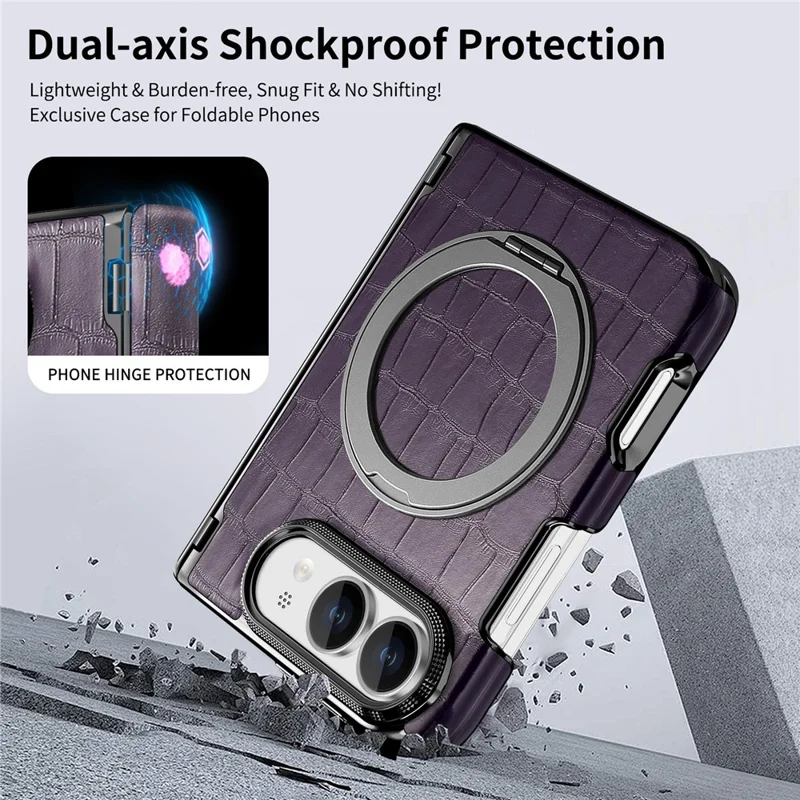 Coque pour iPhone Fold avec support magnétique, protection de charnière à double axe, revêtement en cuir texturé effet crocodile - Violet