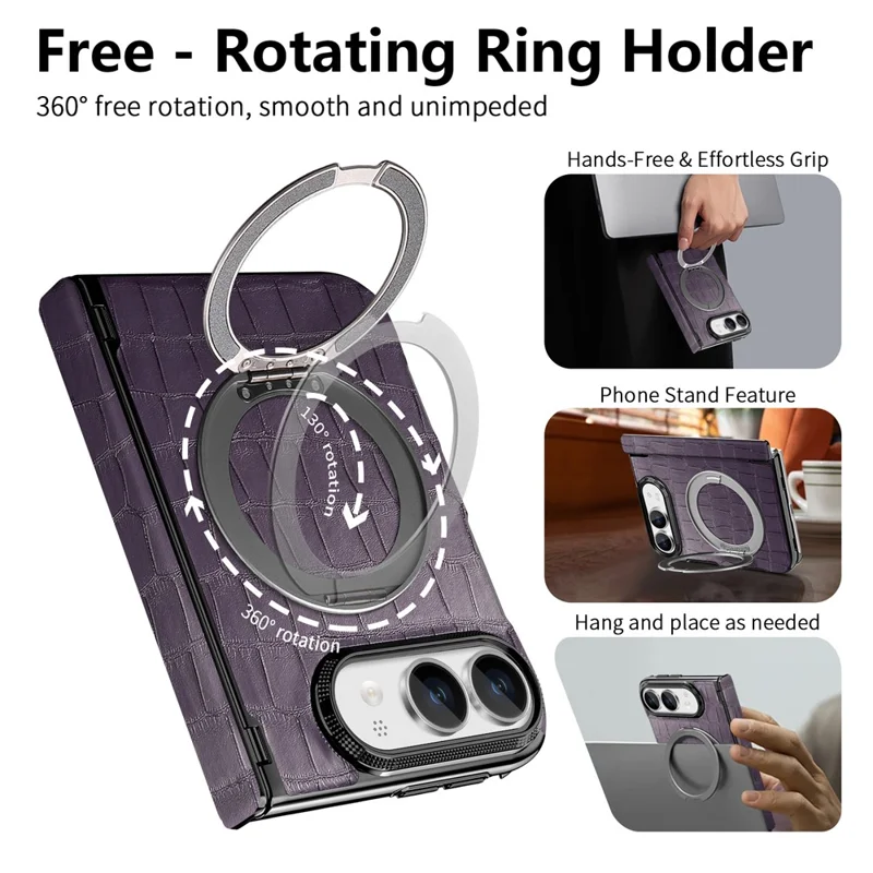 Coque pour iPhone Fold avec support magnétique, protection de charnière à double axe, revêtement en cuir texturé effet crocodile - Violet