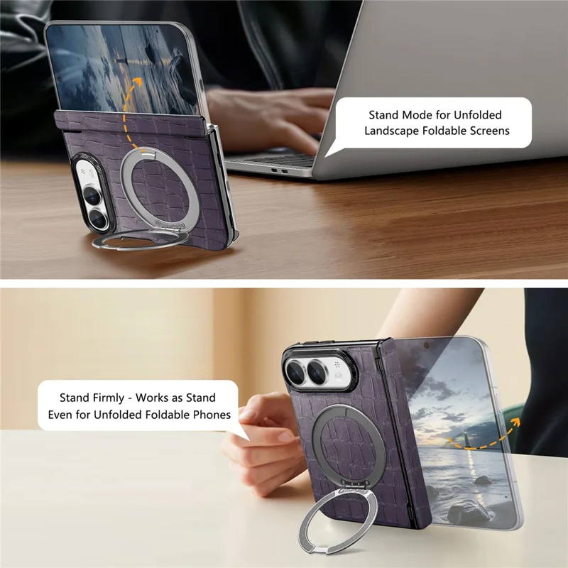 Coque pour iPhone Fold avec support magnétique, protection de charnière à double axe, revêtement en cuir texturé effet crocodile - Violet