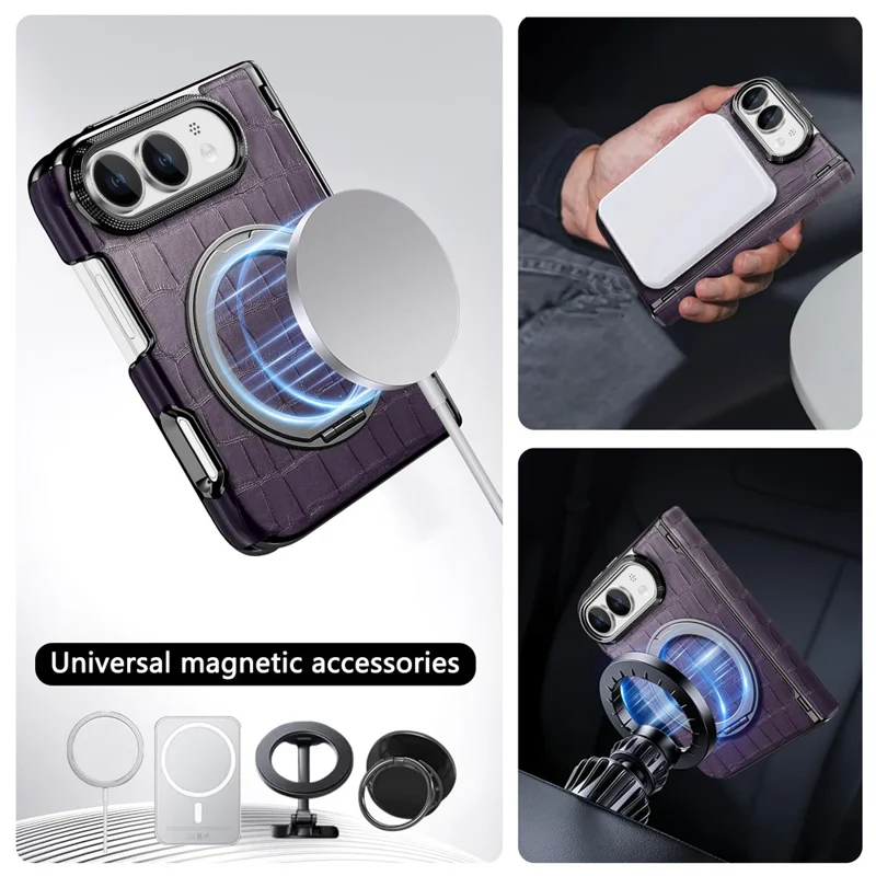 Coque pour iPhone Fold avec support magnétique, protection de charnière à double axe, revêtement en cuir texturé effet crocodile - Violet